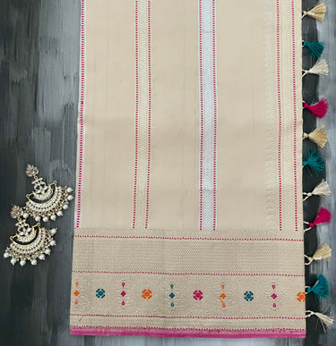 Banarasi Katan Silk Saree | Beige With Meenakari Border | Gold & Silver Zari | Handwoven | Silk Mark | Ships from California